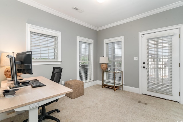 carpeted office space featuring crown molding and baseboards