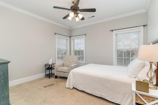 bedroom with carpet flooring, multiple windows, and crown molding