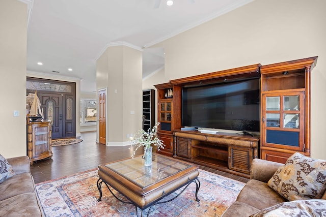 living room with crown molding, dark wood-style flooring, baseboards, and recessed lighting
