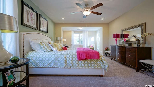 bedroom with carpet flooring, a ceiling fan, and recessed lighting