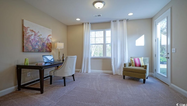 home office with carpet flooring, baseboards, and recessed lighting