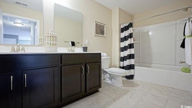 full bathroom with toilet, double vanity, shower / bathtub combination with curtain, and tile patterned floors