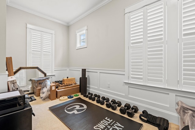 exercise area with a decorative wall, carpet flooring, and ornamental molding