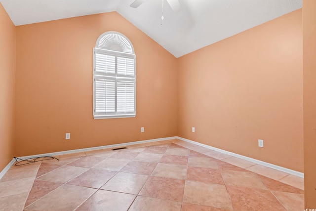 unfurnished room featuring visible vents, ceiling fan, baseboards, and lofted ceiling