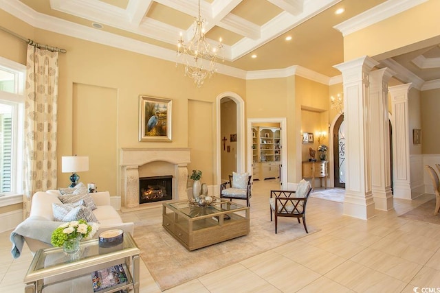 living area featuring beamed ceiling, coffered ceiling, arched walkways, a high ceiling, and a fireplace