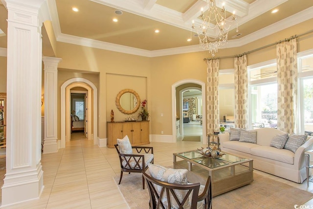 living area with crown molding, decorative columns, light tile patterned floors, a high ceiling, and arched walkways