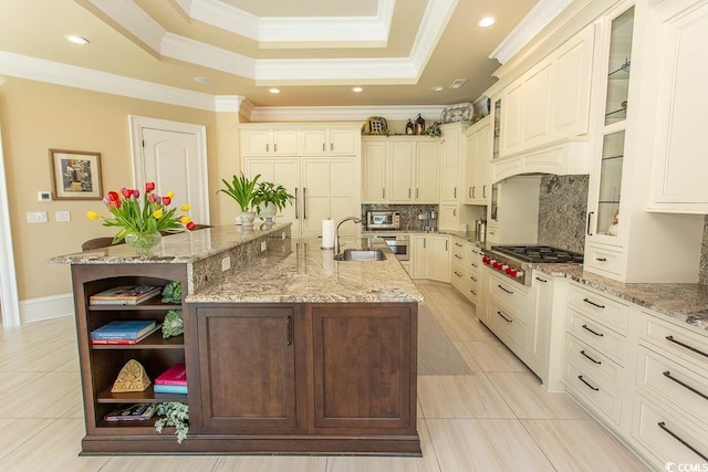 kitchen featuring a kitchen island with sink, a sink, open shelves, a tray ceiling, and stainless steel appliances