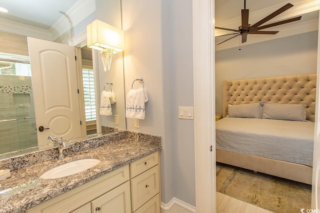 full bathroom featuring vanity, crown molding, wood finished floors, and ceiling fan