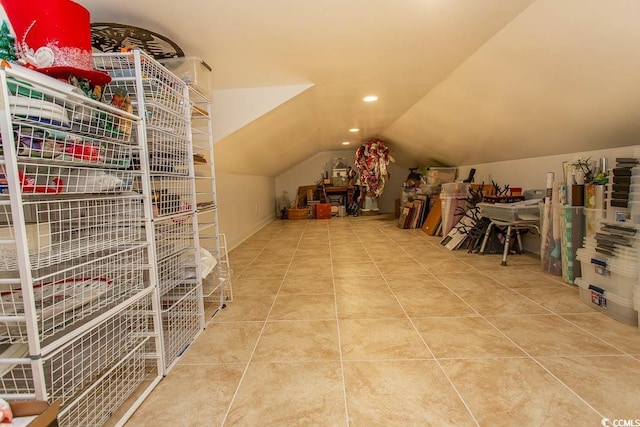 bonus room with tile patterned floors, recessed lighting, and vaulted ceiling