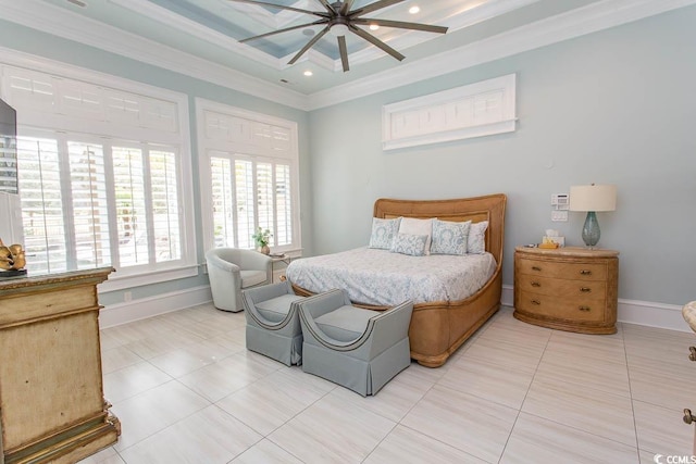 bedroom featuring light tile patterned floors, a ceiling fan, baseboards, and ornamental molding