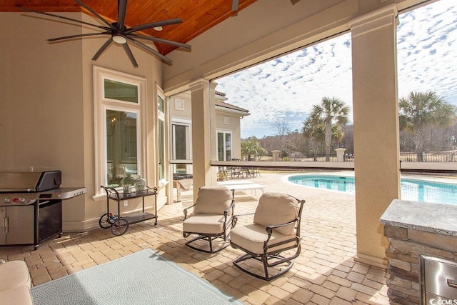 view of patio / terrace with a fenced in pool, a grill, ceiling fan, and fence