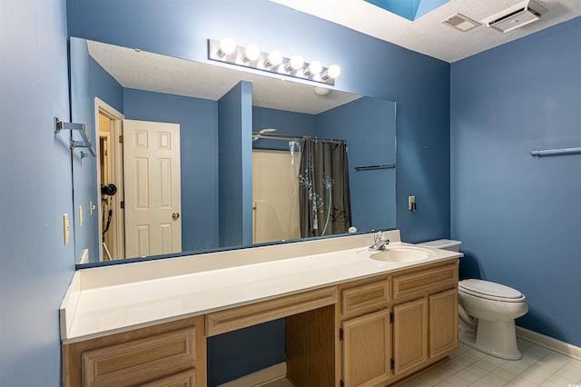 bathroom with visible vents, toilet, vanity, and a shower with curtain