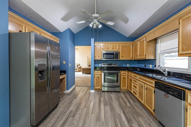 kitchen with dark countertops, lofted ceiling, dark wood-style floors, stainless steel appliances, and a sink