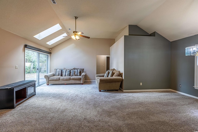 carpeted living room with high vaulted ceiling, baseboards, a textured ceiling, and a ceiling fan