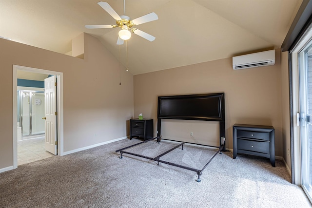 carpeted bedroom featuring baseboards, high vaulted ceiling, an AC wall unit, and ensuite bath