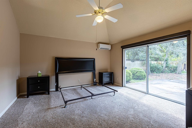 409 65th Ave N, Myrtle Beach, SC 29572 - unfurnished bedroom featuring a wall unit AC, access to outside, carpet floors, vaulted ceiling, and baseboards