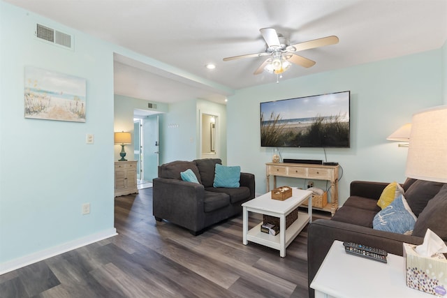 9661 Shore Dr Unit A-21, Myrtle Beach, SC 29572 - living area with dark wood-style floors, ceiling fan, recessed lighting, and baseboards
