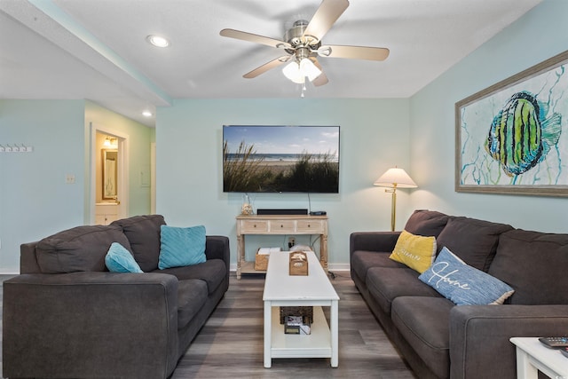 9661 Shore Dr Unit A-21, Myrtle Beach, SC 29572 - living area with recessed lighting, wood finished floors, a ceiling fan, and baseboards