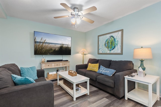 9661 Shore Dr Unit A-21, Myrtle Beach, SC 29572 - living room with wood finished floors and a ceiling fan