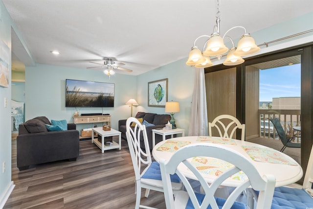 9661 Shore Dr Unit A-21, Myrtle Beach, SC 29572 - dining space featuring dark wood-style floors, a chandelier, ceiling fan, and recessed lighting