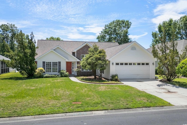 single story home with driveway, an attached garage, and a front yard