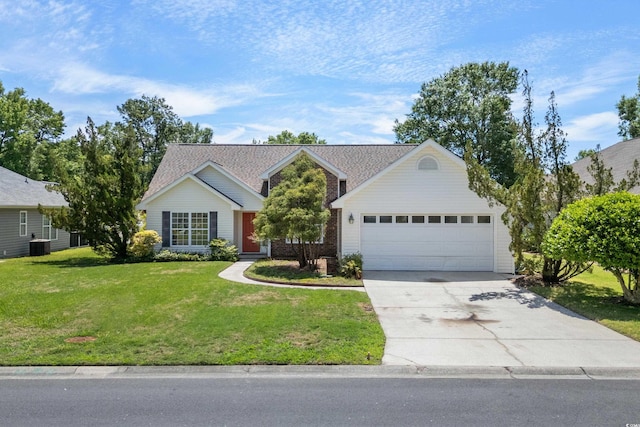 view of front of house featuring a front lawn, an attached garage, central AC unit, and driveway