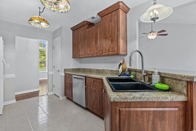 kitchen featuring visible vents, a sink, light countertops, dishwasher, and ceiling fan