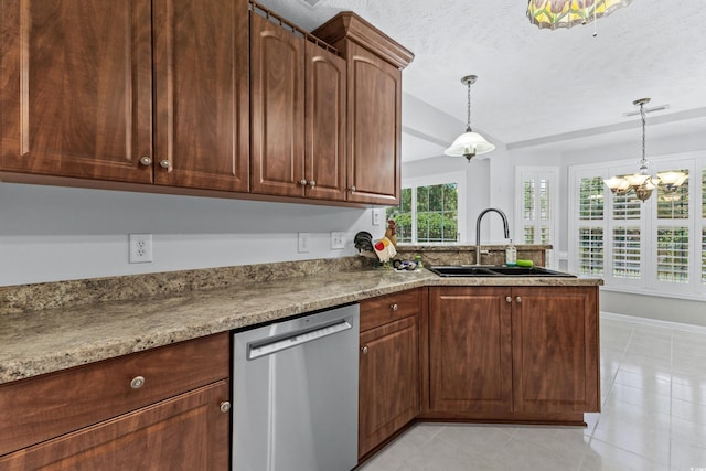 kitchen with a sink, a peninsula, pendant lighting, and stainless steel dishwasher