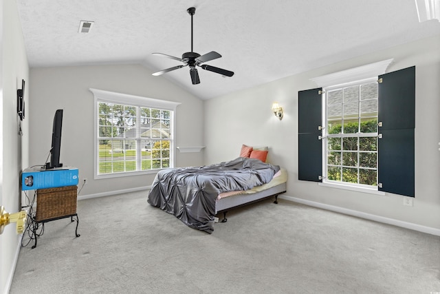 bedroom with carpet, baseboards, visible vents, lofted ceiling, and a textured ceiling