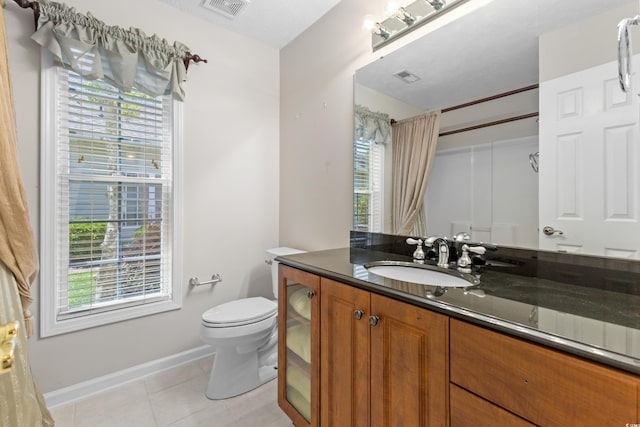 full bath featuring tile patterned flooring, visible vents, toilet, and vanity