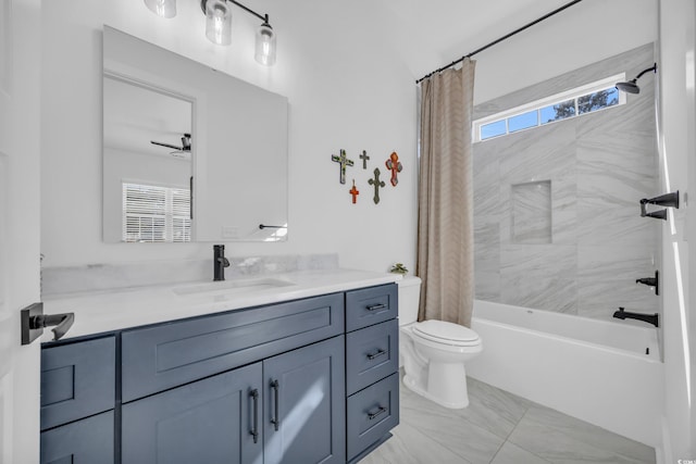 full bathroom featuring vanity, toilet, and shower / bathtub combination with curtain