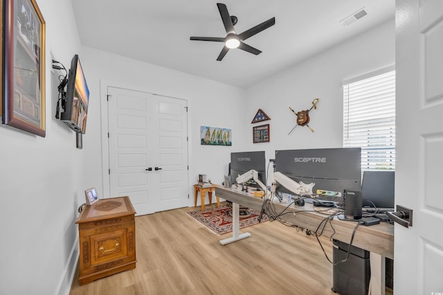 home office with visible vents, ceiling fan, and wood finished floors