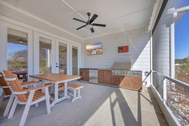 sunroom with french doors and ceiling fan