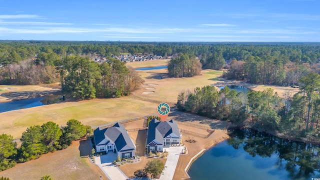 birds eye view of property with a forest view and a water view