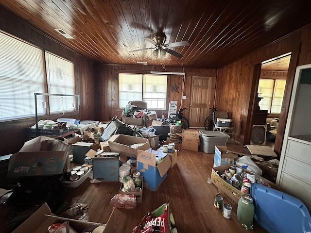 miscellaneous room with a ceiling fan, wooden ceiling, wooden walls, and wood finished floors