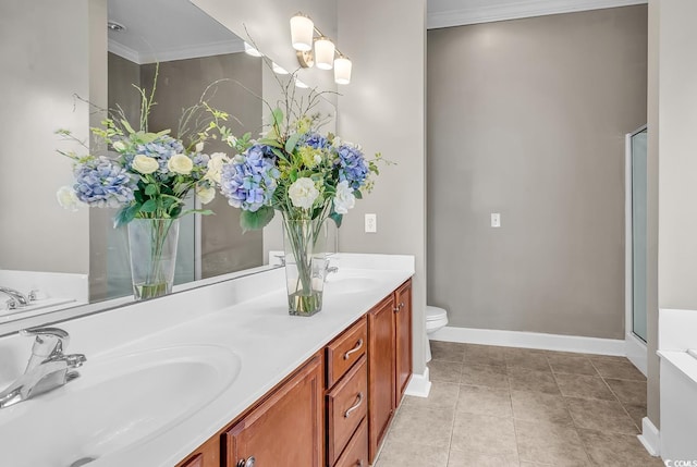 bathroom featuring ornamental molding, double vanity, baseboards, toilet, and an enclosed shower