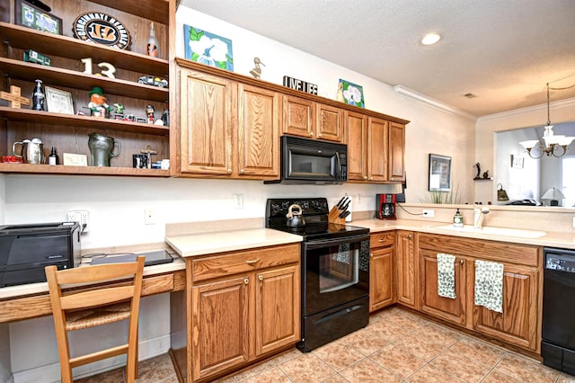 kitchen with black appliances, light countertops, brown cabinets, and a sink