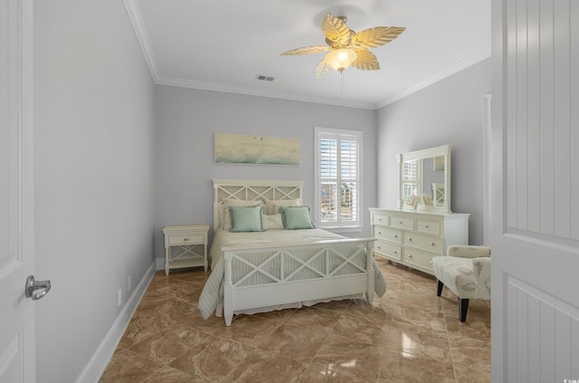 bedroom featuring ceiling fan, visible vents, baseboards, and ornamental molding