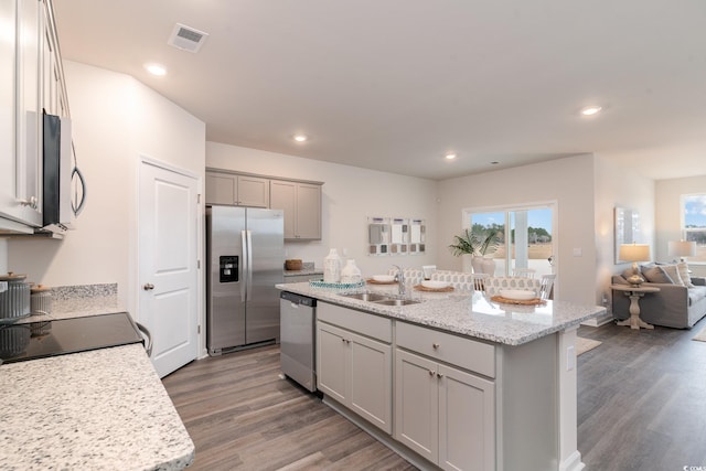 kitchen with stainless steel appliances, a sink, gray cabinets, wood finished floors, and open floor plan
