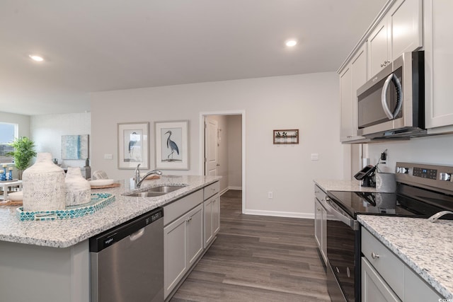 kitchen with stainless steel appliances, a sink, dark wood-type flooring, baseboards, and recessed lighting