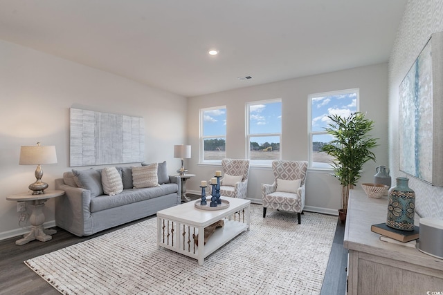 living area featuring wood finished floors, healthy amount of natural light, baseboards, and recessed lighting