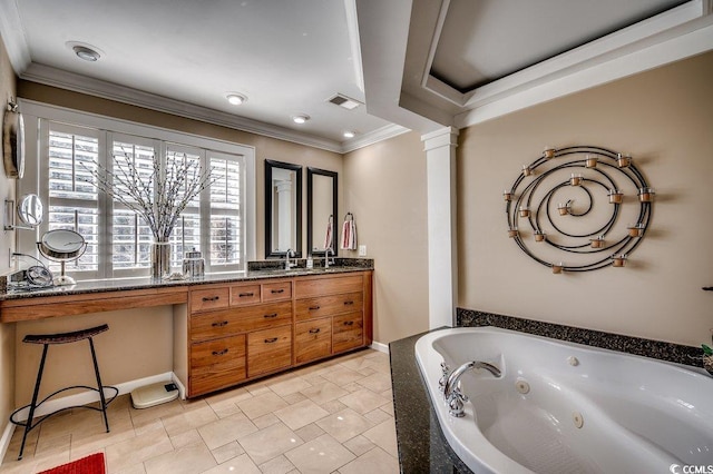 1539 Old Town Ave, Georgetown, SC 29440 - full bath with ornamental molding, a tub with jets, double vanity, and decorative columns