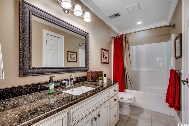 full bathroom with tile patterned floors, toilet, crown molding, and visible vents