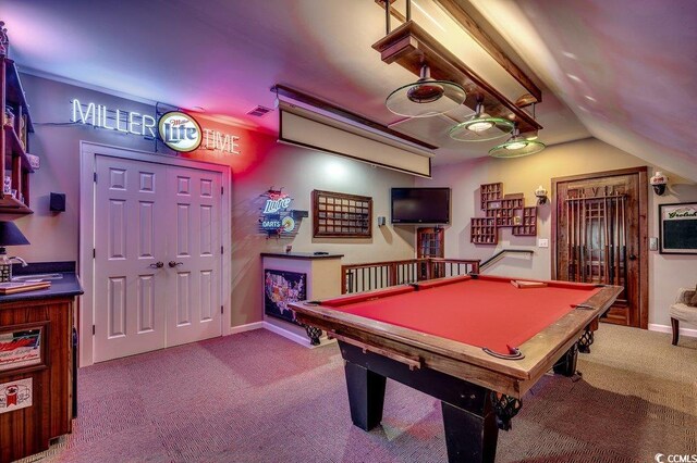 rec room with pool table, lofted ceiling, visible vents, and carpet floors