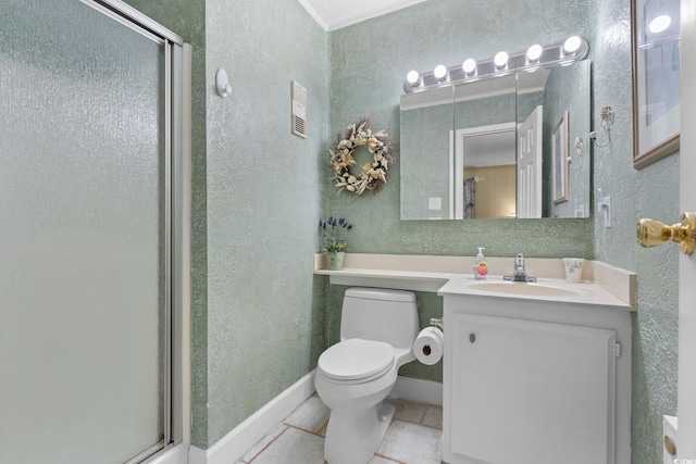 bathroom featuring tile patterned flooring, toilet, a stall shower, a textured wall, and vanity