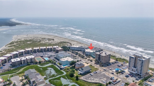 aerial view with a view of the beach and a water view