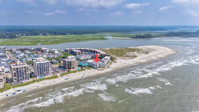 bird's eye view with a view of the beach and a water view