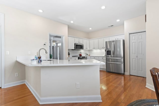 kitchen with visible vents, a peninsula, a sink, appliances with stainless steel finishes, and white cabinetry