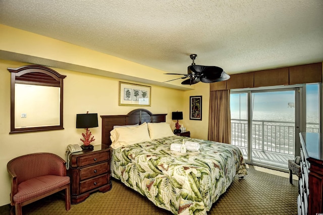 2007 S Ocean Blvd Unit 1106, Myrtle Beach, SC 29577 - carpeted bedroom with access to exterior, a ceiling fan, and a textured ceiling