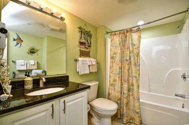 2007 S Ocean Blvd Unit 1106, Myrtle Beach, SC 29577 - full bathroom featuring a textured ceiling, shower / tub combo with curtain, toilet, tile patterned floors, and vanity